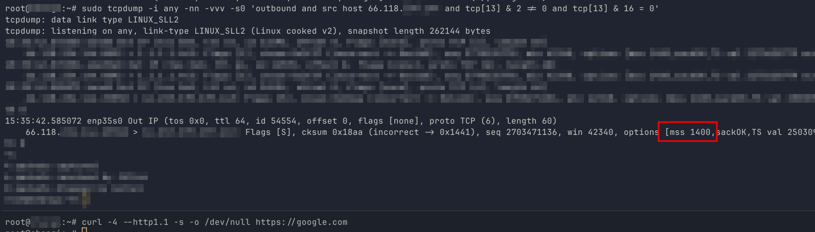 TCPDump showing the MSS